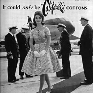 Henrietta Tiarks modelling California Cottons dress, 1960