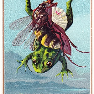 Insects riding on a frog on a Christmas card