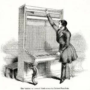 Inside a cabinet piano, Broadwood piano factory, London 1842