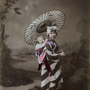 Japanese woman carrying baby on her back