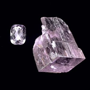 Kunzite crystal and cut stone