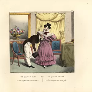 Lady in a parlor being kissed goodbye by an old man