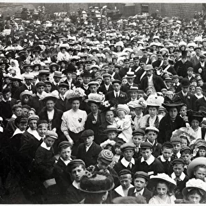 A large crowd gathering - north of England (possibly Leeds or Sheffield?). Date: 1908