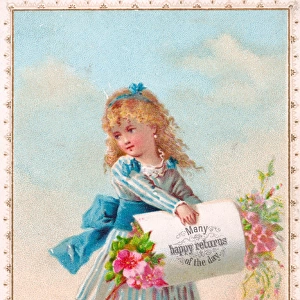 Little girl with pink flowers on a birthday card