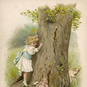 Little girl playing hide and seek with doll and dog