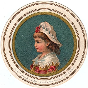 Little girl in a white cap on a circular New Year card