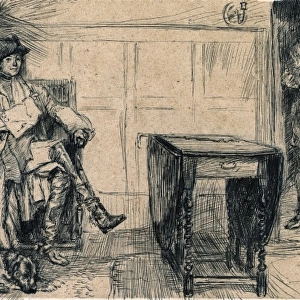 Man in eighteenth-century dress with tri-corner hat sitting