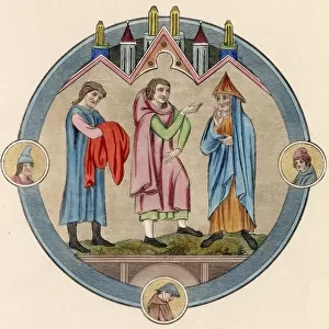 Three men, one in an ankle=length gown, the others in shorter garments Date