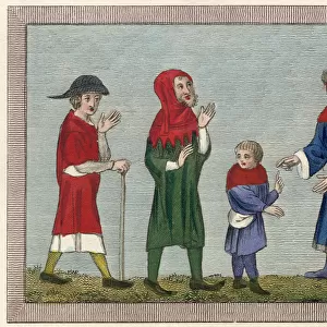 Three men and a boy dressed for travel; one wears a hood Date: 14th century