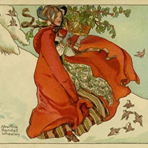 Merry Christmas -- woman with holly and mistletoe