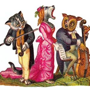 Musical cat, dog and owl on a Victorian scrap
