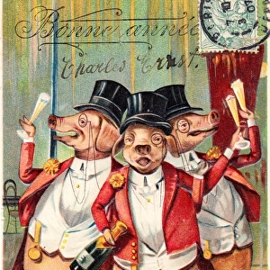 Three pigs celebrating on a French New Year postcard