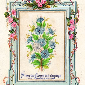 Pink and blue flowers on a French greetings card