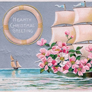 Pink flowers in a sailing ship on a Christmas postcard
