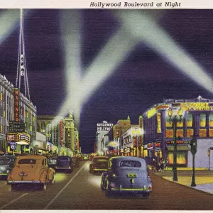 Postcard showing Hollywood Boulevard at Night, 1930s