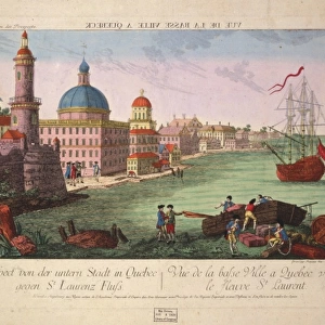 Print shows the harbor at Quebec, one ship at anchor, men wo