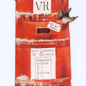 Red pillar box with robins on a Christmas card