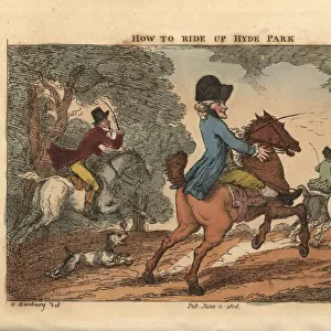 Regency gentlemen riding horses using whips
