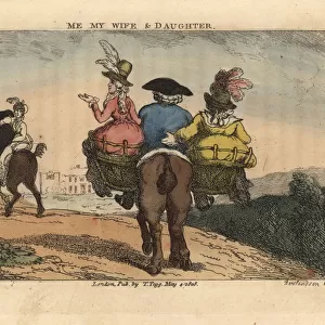 Regency man riding on a horse with two women pillion