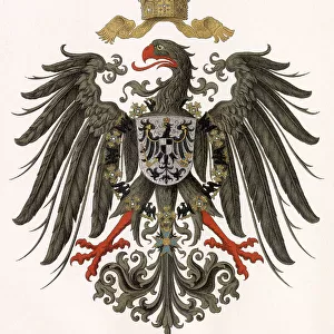 The Reichsadler - the state eagle of Germany - proudly rears its head, over which the imperial crown of Charlemagne hovers. Date: circa 1890