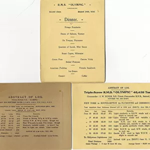 RMS Olympic - dinner menu, abstract of log cards