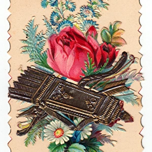 Romantic greetings card with bow and arrow and flowers