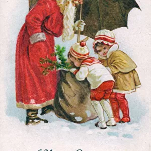 Santa Claus with two children on a Christmas postcard