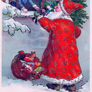 Santa Claus with children on a French Christmas postcard