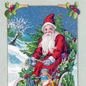 Santa Claus on a motorbike on a Christmas postcard