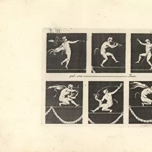 Six satyrs or fauns performing on a tightrope
