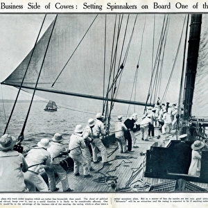 Setting spinnakers on board a yacht at Cowes, IOW
