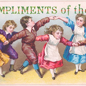 Seven children dancing on a Christmas card