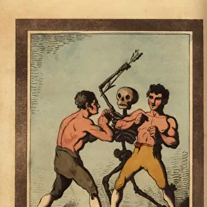 Skeleton of death aiming a dart at bareknuckle boxers