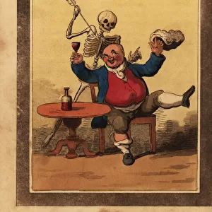 Skeleton of death aiming a dart at a corpulent man
