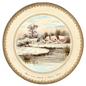 Snow scene with cottages on a circular New Year card
