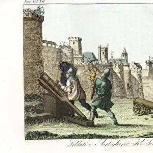 Soldiers and artillery gunners in a castle