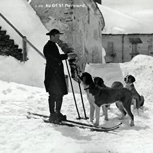 St Bernard dogs and monk on skis, Grand St Bernard