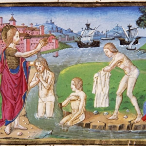 St. John the Baptist baptizing in the Jordan River. Codex of