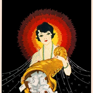 A stylised 1920s Woman holding a cornucopia of dye packets