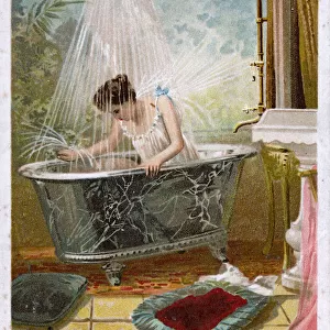 Taking a shower in a fine marble bathtub