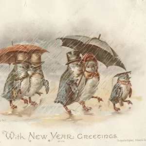 Victorian Greeting Card - Penguins in the Rain