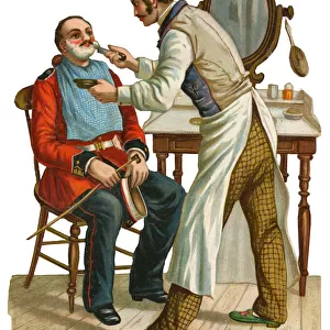 Victorian scrap, Barber shaving a soldier