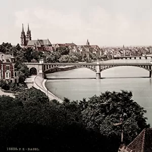 Vintage 19th century / 1900 photograph: Basel, Switzerland, city river and bridges