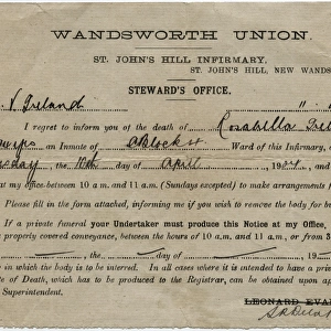 Wandsworth Workhouse Death Notice