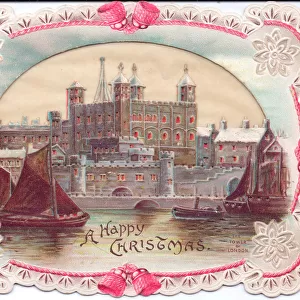 Winter scene with Tower of London on a Christmas card
