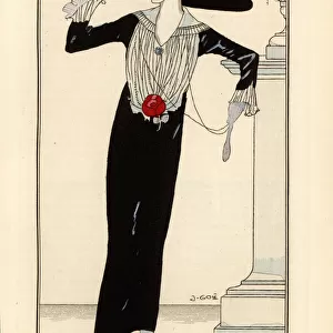 Woman in black satin sheath dress, black silk hat