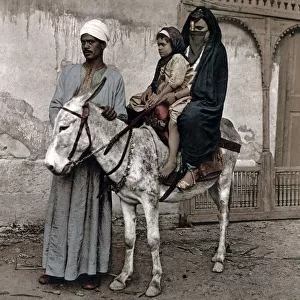 Woman and child on donkey, Cairo, Egypt, c. 1890 Vintage late 19th century photograph