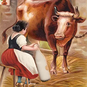 Woman milking cow on a comic German greetings card