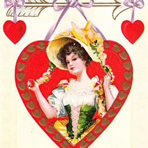 Woman with red hearts on a Valentine postcard