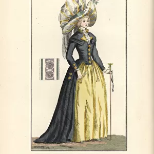 Woman in redingote with four collars, wearing